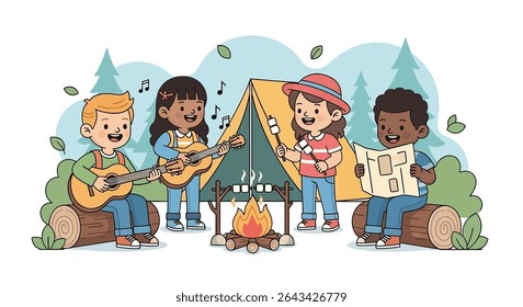 flat illustration of happy diverse kids camping outdoors, singing and playing guitar by a campfire, roasting marshmallows, and reading a map near a tent