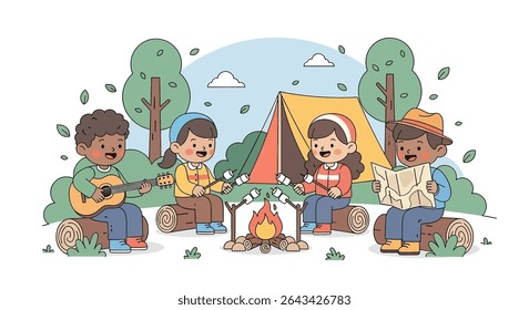 flat illustration of happy diverse kids camping outdoors, singing and playing guitar by a campfire, roasting marshmallows, and reading a map near a tent