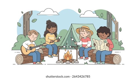 flat illustration of happy diverse kids camping outdoors, singing and playing guitar by a campfire, roasting marshmallows, and reading a map near a tent