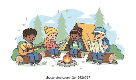 flat illustration of happy diverse kids camping outdoors, singing and playing guitar by a campfire, roasting marshmallows, and reading a map near a tent
