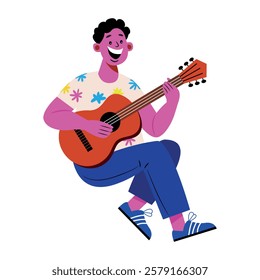 A flat illustration of happy guitar performer