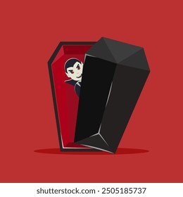 Flat illustration happy halloween, dracula's coffin with dracula character