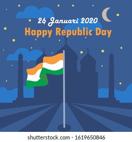 Flat Illustration of Happy Indian Republic day celebration poster or banner background set with text 26 January, Indian Flag, and Taj Mahal.