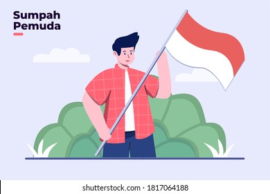 Flat Illustration happy Indonesian Youth Pledge Day (Hari sumpah pemuda) with Indonesian people holding Indonesia national flag. Can be used for banner, promotion, poster, template, greeting card, UI.