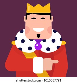 Flat illustration of happy king. Cute vector Majesty. Isolated on purple background.