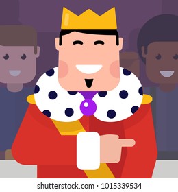 Flat illustration of happy king with his subjects. Cute vector Majesty.