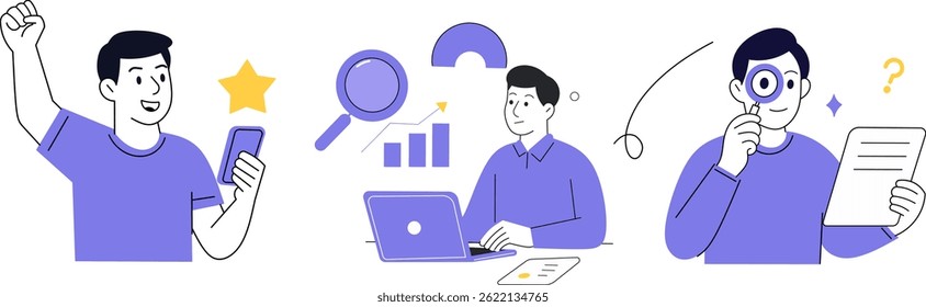 Flat Illustration of a Happy Man with Smartphone, Businessman Working on Laptop, and Research Analyst Concept