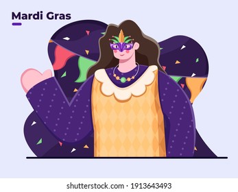 Flat Illustration of Happy Mardi Gras Day, Mardi Gras Carnival, People Celebrating Mardi Gras Day Festival, Mardi Gras party, Fat Tuesday, Shrove Tuesday, Pancake Tuesday, Parades.