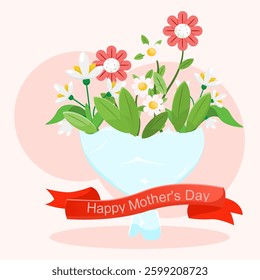 Flat illustration happy mothers day, beauty flower for mom with red ribbon