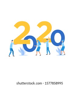 Flat illustration happy new year 2020 with mini people