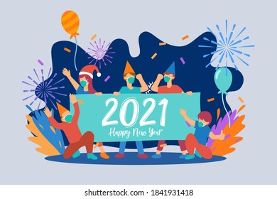 Flat illustration of happy new year and new normal 2021 design for greeting card, banner, landing page, etc.