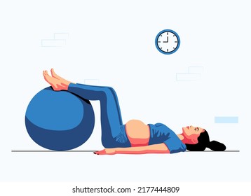 Flat illustration of happy pregnant girl in a sports suit doing yoga and exercises for health and relaxation. The pregnant woman performs aerobics exercises and morning meditation at home. Yoga day.