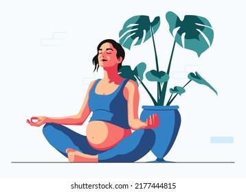 Flat illustration of happy pregnant girl in a sports suit doing yoga and exercises for health and relaxation. The pregnant woman performs aerobics exercises and morning meditation at home. Yoga day.