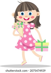 A flat illustration of a happy smiling preschooler girl in pink dotted dress holding a bouquet of flowers and a box with holiday cake. Vector for greeting cards and decorations