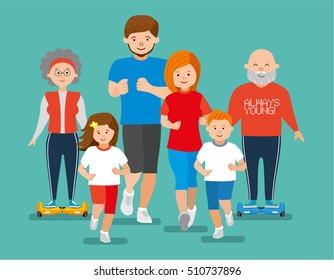 Flat Illustration. Happy Sports Family Jogger. Sport Big Family