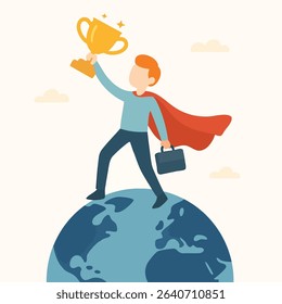 Flat Illustration Happy Superhero with Trophy on World Globe Icon for Achievement