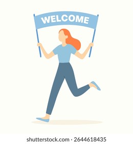 Flat Illustration Happy Woman Running Holding Welcome Banner Sign