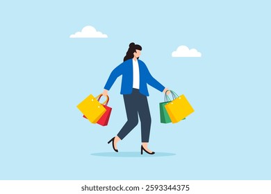 Flat illustration happy woman shopper walk with shopping bag symbolizing customer journey