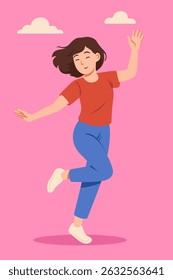 Flat illustration of a happy young woman dancing joyfully.