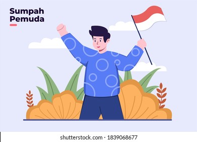 Flat Illustration Hari sumpah pemuda (Indonesian Youth Pledge Day) with Indonesian young people holding Indonesia national flag and excited. Can be use for UI UX, Promotion, Landing page.