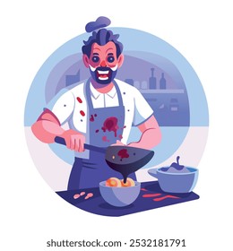 Una ilustración plana de un chef embrujado haciendo comida