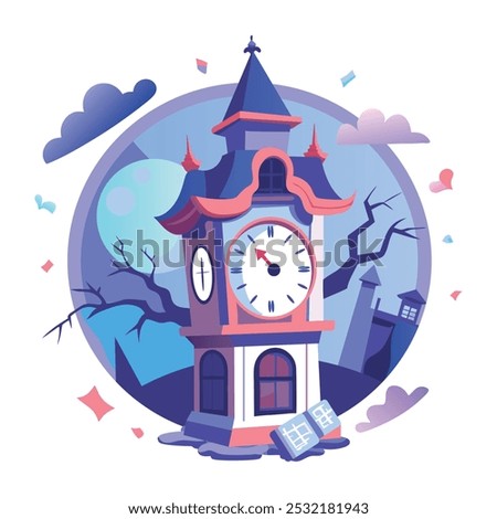 A flat illustration of haunted clock tower
