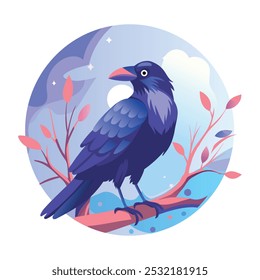 A flat illustration of haunted crow sitting on a branch