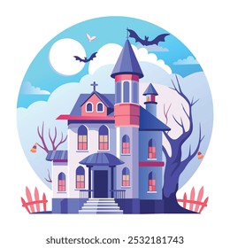 A flat illustration of a haunted house and bats flying around it