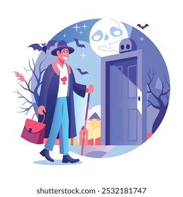 A flat illustration of haunted man holding a bag and walking with stick