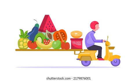 Flat illustration. Healthy food ordering concept with delivery. Including watermelon, banana, pineapple, tomato, avocado. Fast delivery via mobile phone.