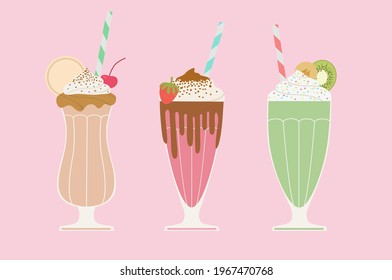 Flat illustration with healthy sweet milkshakes, refreshing bevereges with chocolate, srawberry, cream, pistachio, vanilla and whipping cream, cherry, banana, chocolate chip, cocktail straw on the top