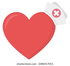 Flat illustration of heart with nurse hat isolated on white background.