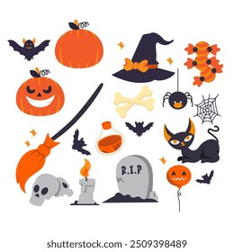 Ilustração plana de ícones e símbolos do Helloween