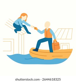 Flat Illustration Helping Hand Person on Boat Helping Rescue Illustration