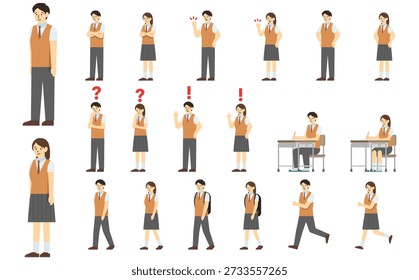 Flat illustration: High school student set (summer uniform) with facial expressions