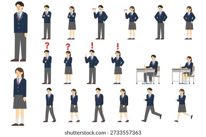Flat illustration: High school student set (winter uniform) with facial expressions