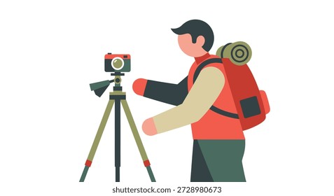 Flat illustration of a hiker adjusting a camera on a tripod