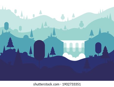 ilustración plana del paisaje montañoso. zona montañosa. árboles en las colinas. una cascada desciende de la montaña.