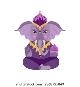 Flat illustration of Hindu deity Ganesha. Festive Diwali clipart - cartoon character Ganesha sitting in lotus position. Isolated on white background