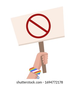Ilustración plana de mano hippie con banner prohibido y lugar para texto sobre fondo blanco. Manifestación, piquete y protesta. No hay guerra. Objeto vectorial para artículos, publicidad y su diseño.