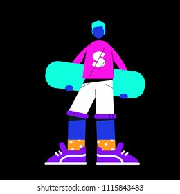 flat illustration with hipster on longboard