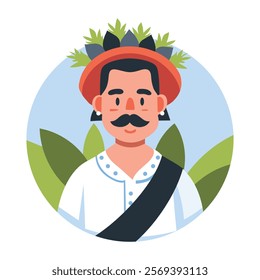 A flat illustration of hispanic man wearing plant hat 