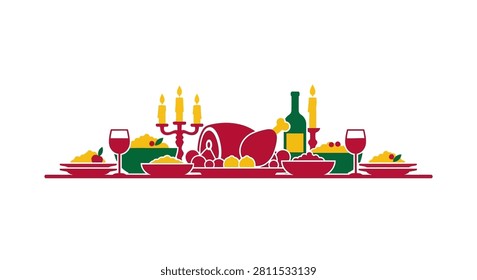 A flat illustration of a holiday dining table featuring a roasted meat dish, bowls of food, wine glasses, and lit candles in a festive arrangement.
