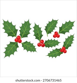 Flat illustration of holly leaf and red berries, classic Christmas element for holiday decorations, festive designs, and winter-themed graphics