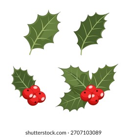 Flat illustration of holly leaf and red berries, classic Christmas element for holiday decorations, festive designs, and winter-themed graphics