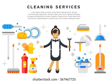 Flat  illustration home appliances, household chemicals and woman washing and cleaning. Cleaning company. Housekeeper. Doodle design style concept, for web banners.   
