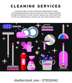 Flat illustration home appliances, household chemicals and  washing and cleaning. Cleaning company. Housekeeper  equipment. Doodle design style concept, for web banners.   