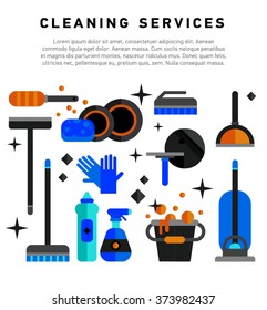 Flat illustration home appliances, household chemicals and  washing and cleaning. Cleaning company. Housekeeper  equipment. Doodle design style concept, for web banners.   