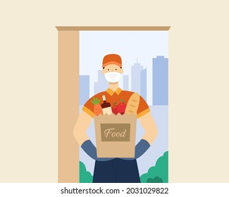 Flat illustration of home delivery service of grocery shopping during covid quarantine. Courier in face mask delivers a bag of groceries at front door.