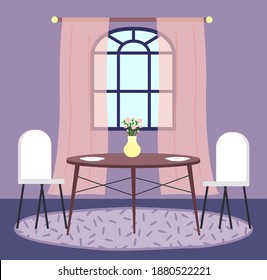 Flat illustration of home interior. Cozy corner of the room near window with chairs and table with a bouquet in a vase. Living room with a place for tea and family gatherings. Dining room furniture